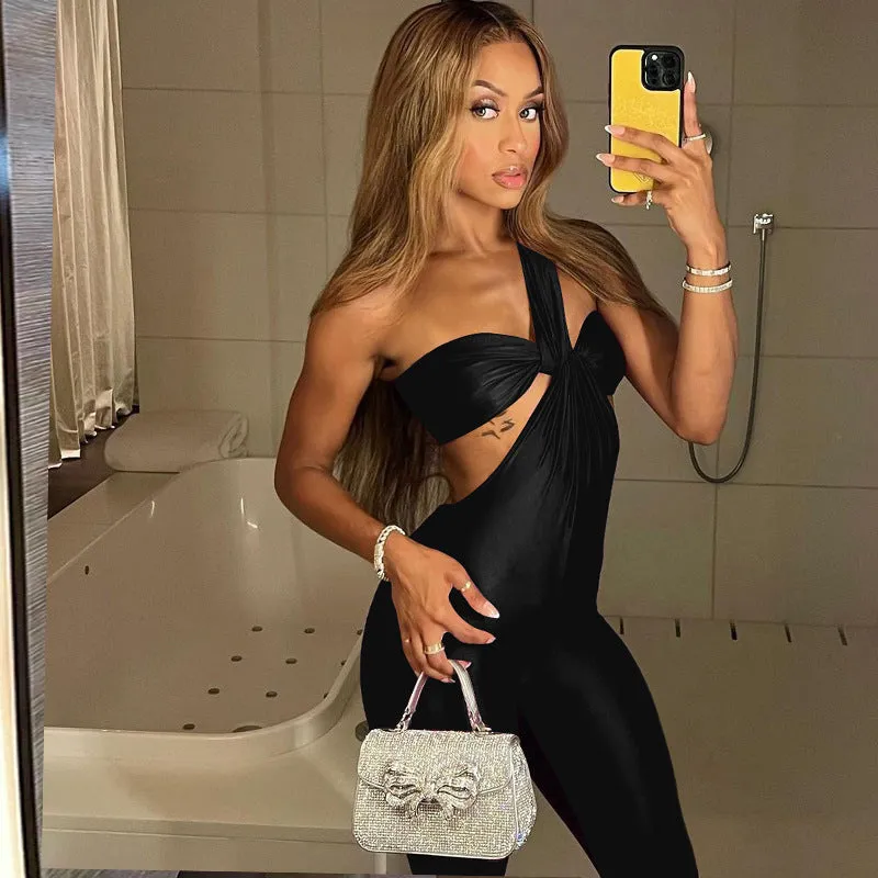 11102 One Shoulder Hollow Out Cross Up Backless Sleeveless Women One Piece Jumpsuit 2023 Elegant Party Club American Clothing