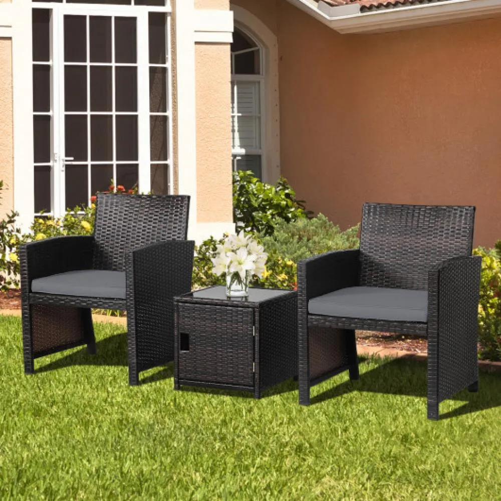 3 Pieces Patio Wicker Furniture Set with Storage Table and Protective Cover-Gray