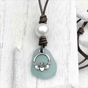 Aqua Sea Glass with Freshwater Pearl and Claddagh Charm on a Leather Necklace | #1908