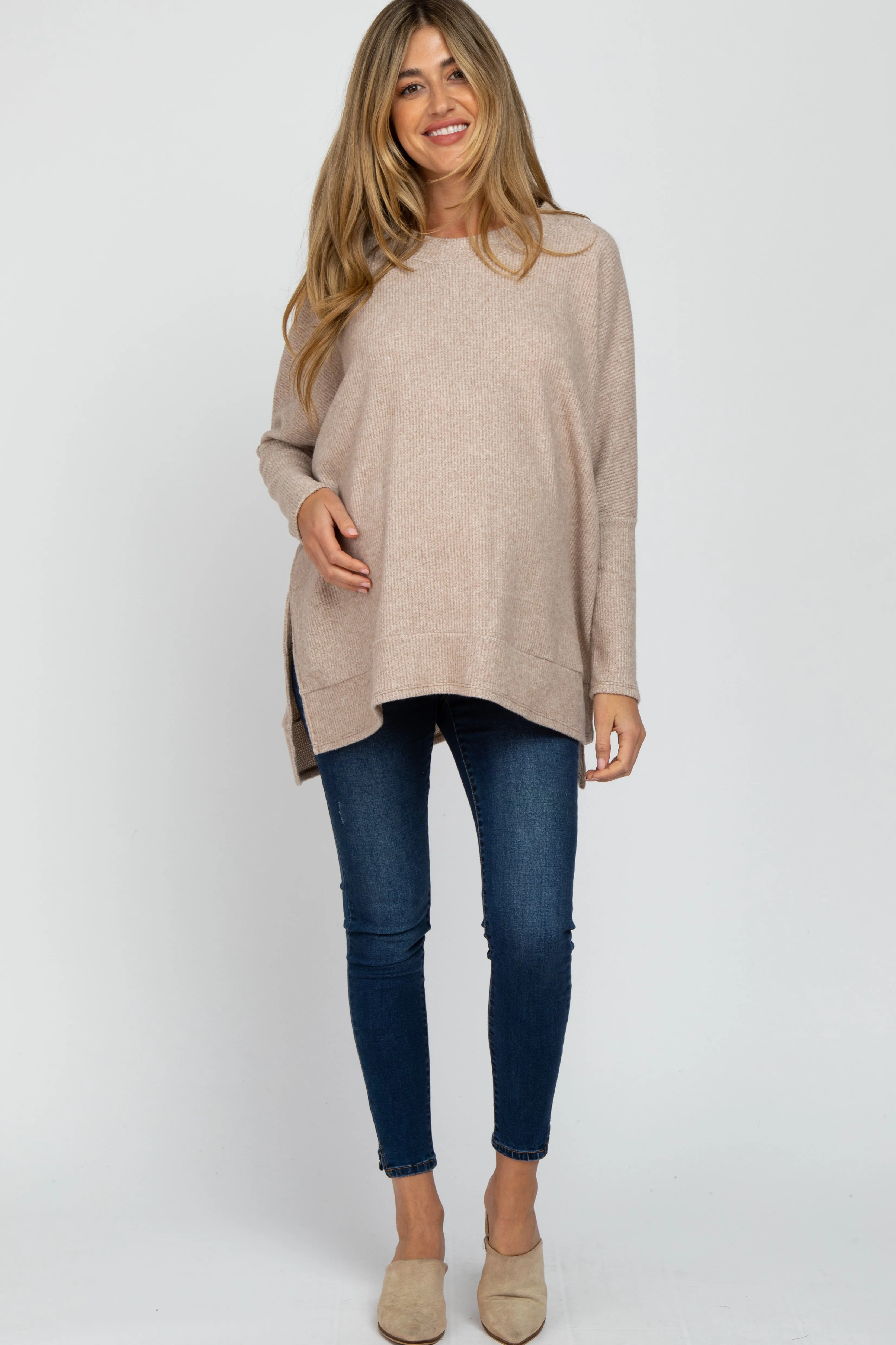 Beige Soft Knit Maternity Long Sleeve Top