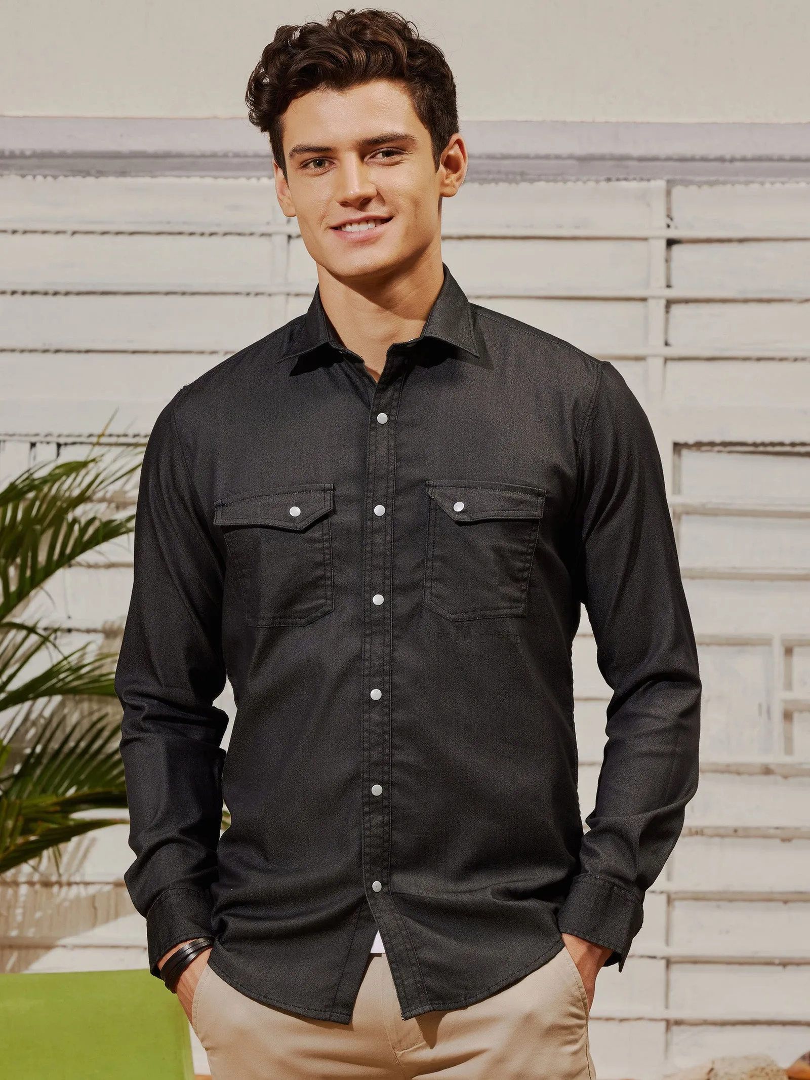 Black Stretch Denim Cargo Shirt