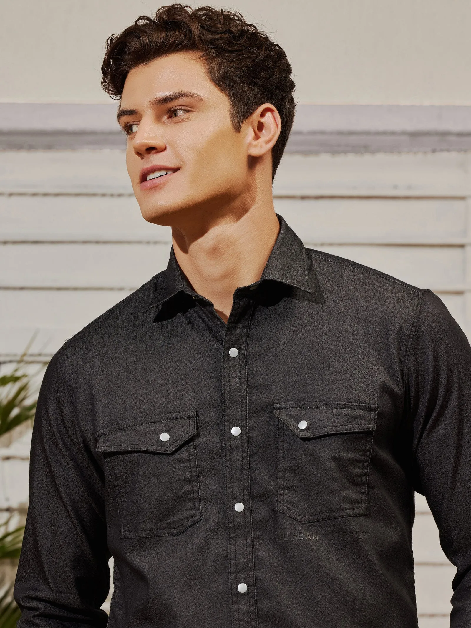 Black Stretch Denim Cargo Shirt