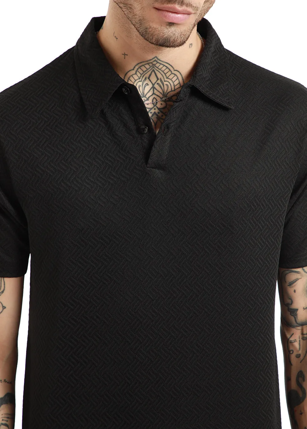 Black Twin Weave Polo Tshirt