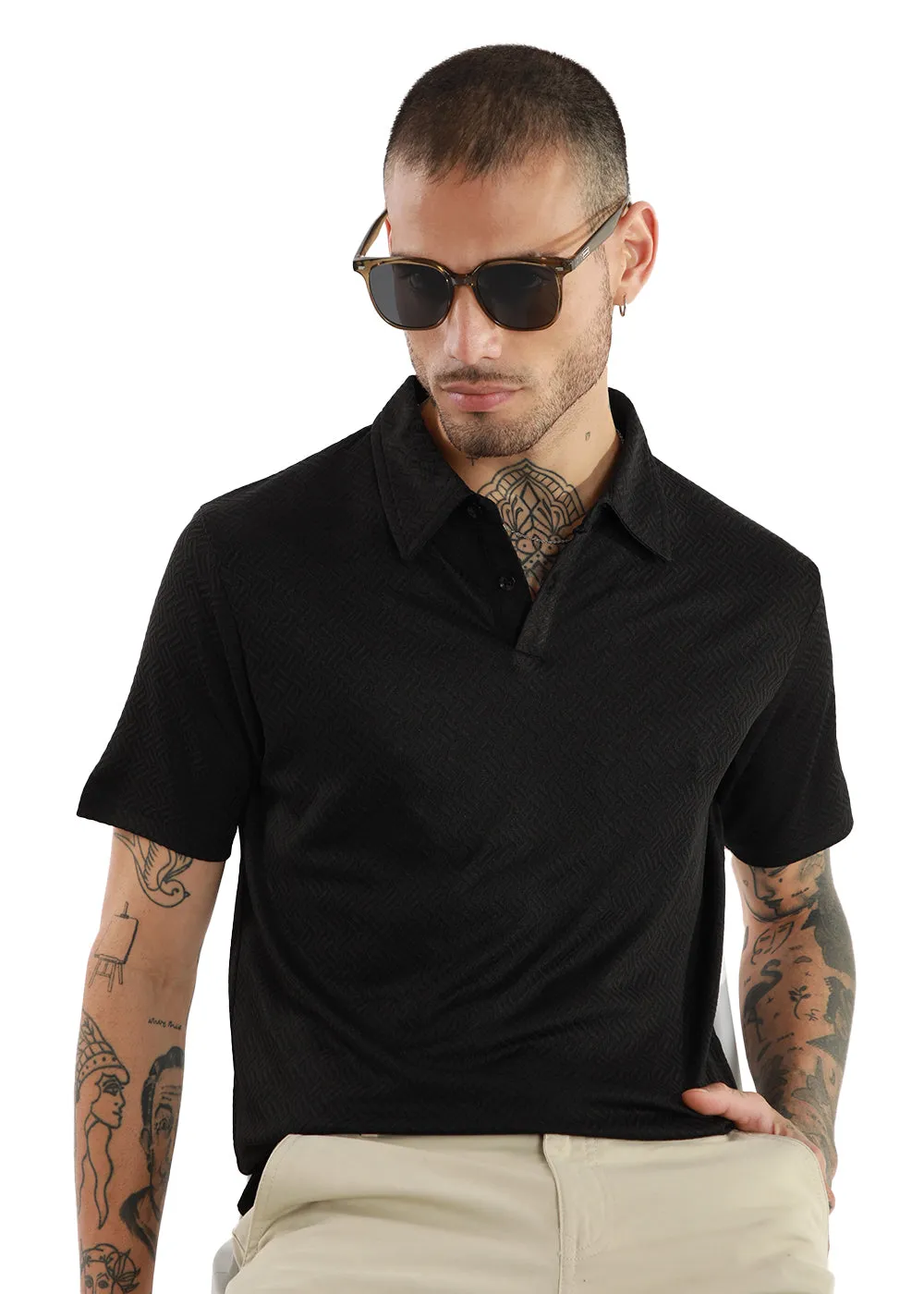 Black Twin Weave Polo Tshirt