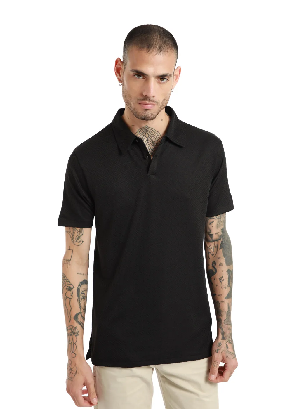 Black Twin Weave Polo Tshirt