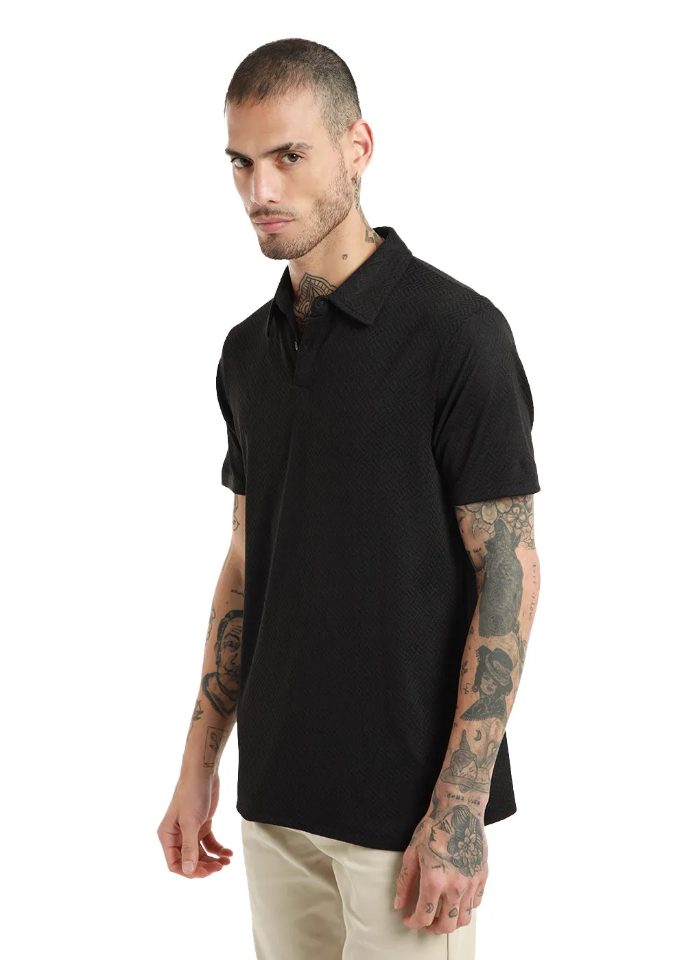 Black Twin Weave Polo Tshirt