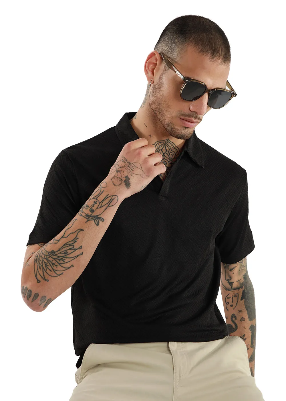 Black Twin Weave Polo Tshirt