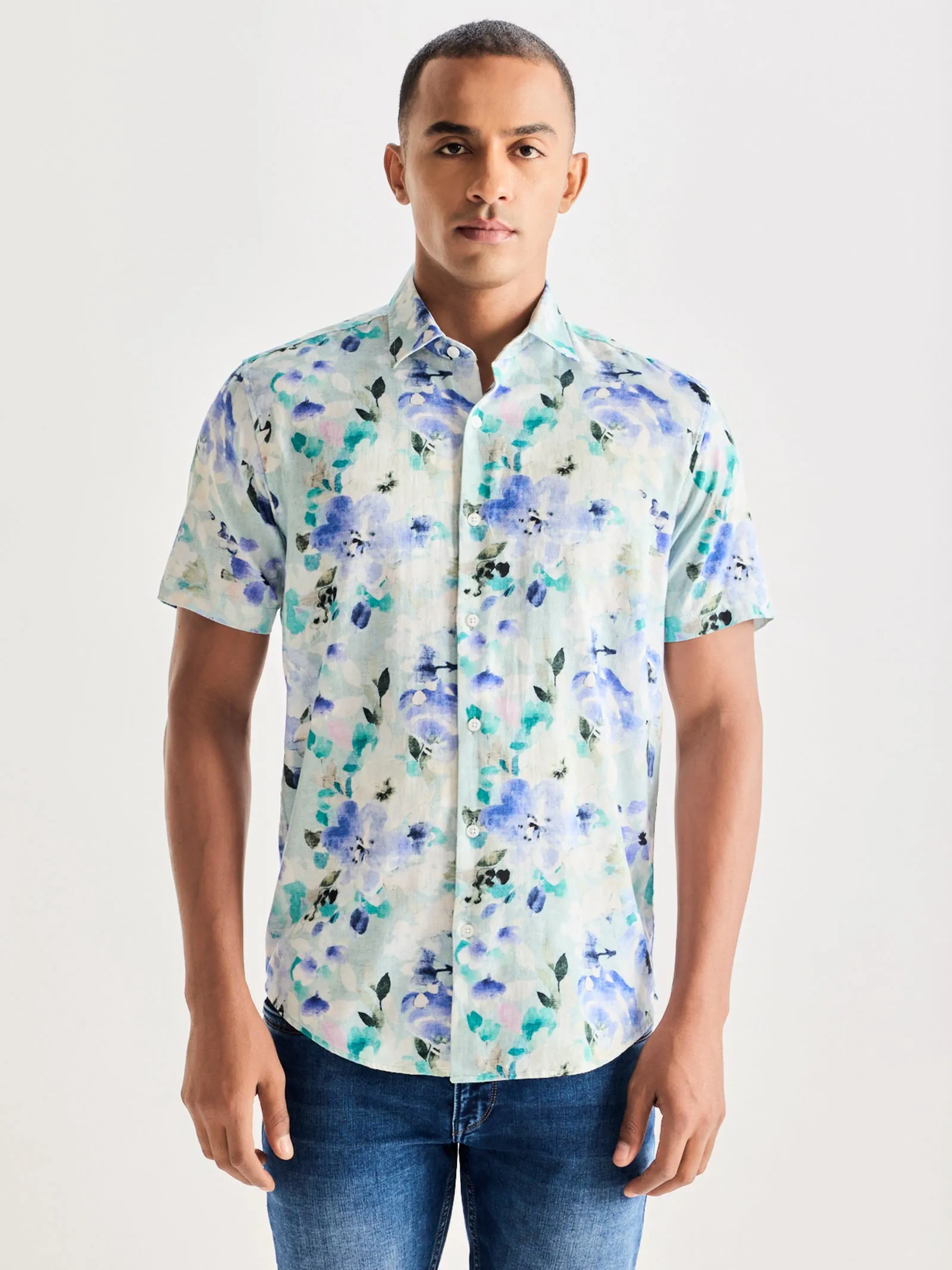 Blue Linen Printed Shirt