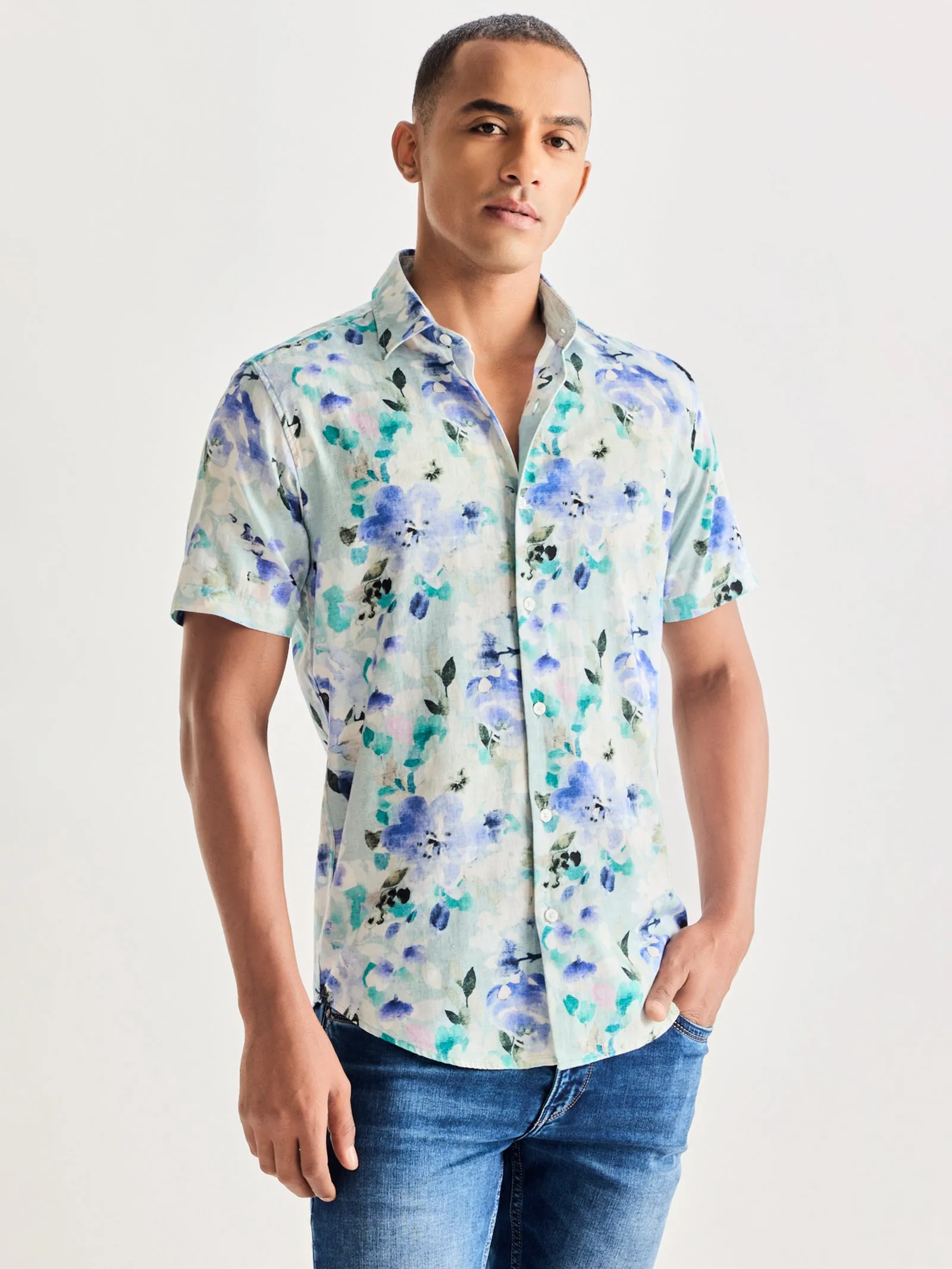 Blue Linen Printed Shirt