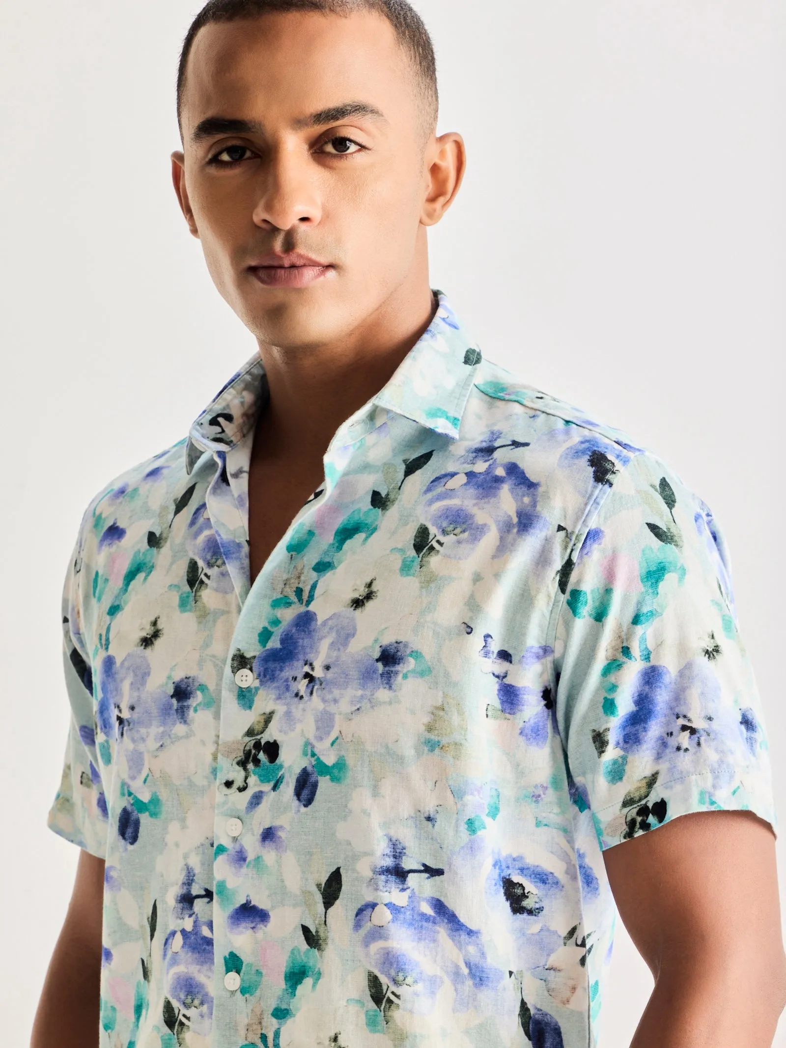 Blue Linen Printed Shirt