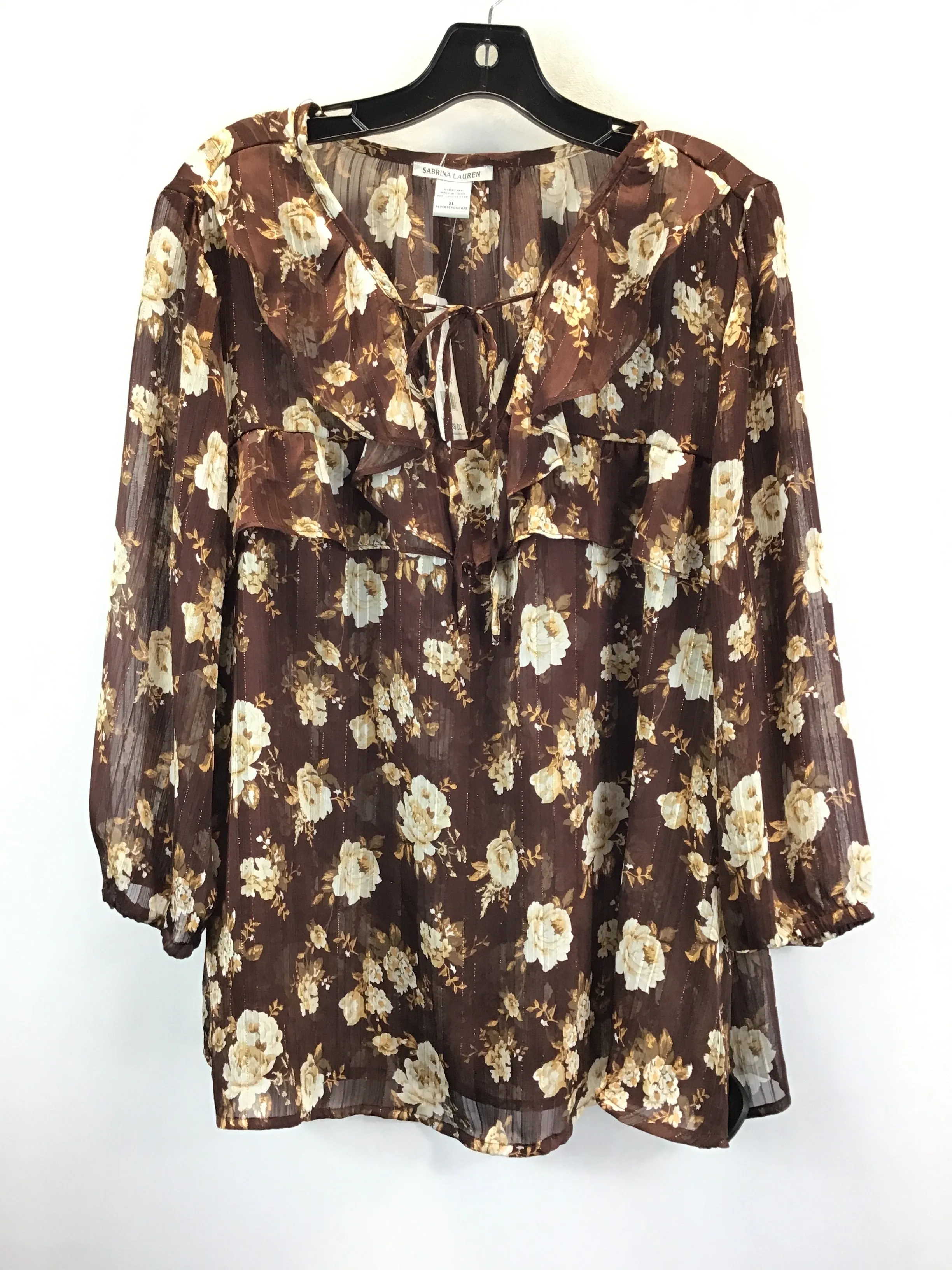 Brown & Cream Blouse 3/4 Sleeve Clothes Mentor, Size Xl