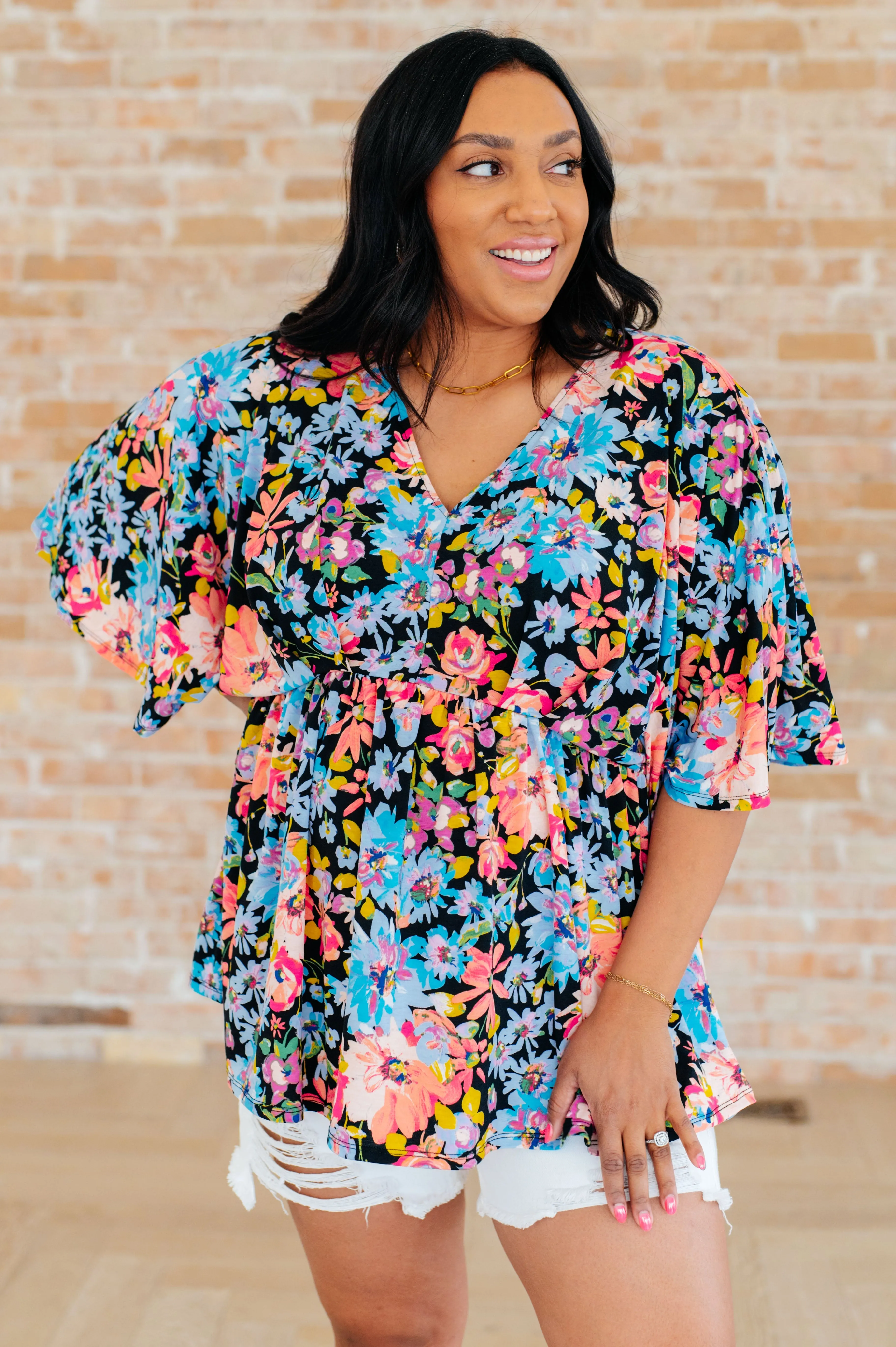 Dreamer Peplum Top in Black Multi Floral