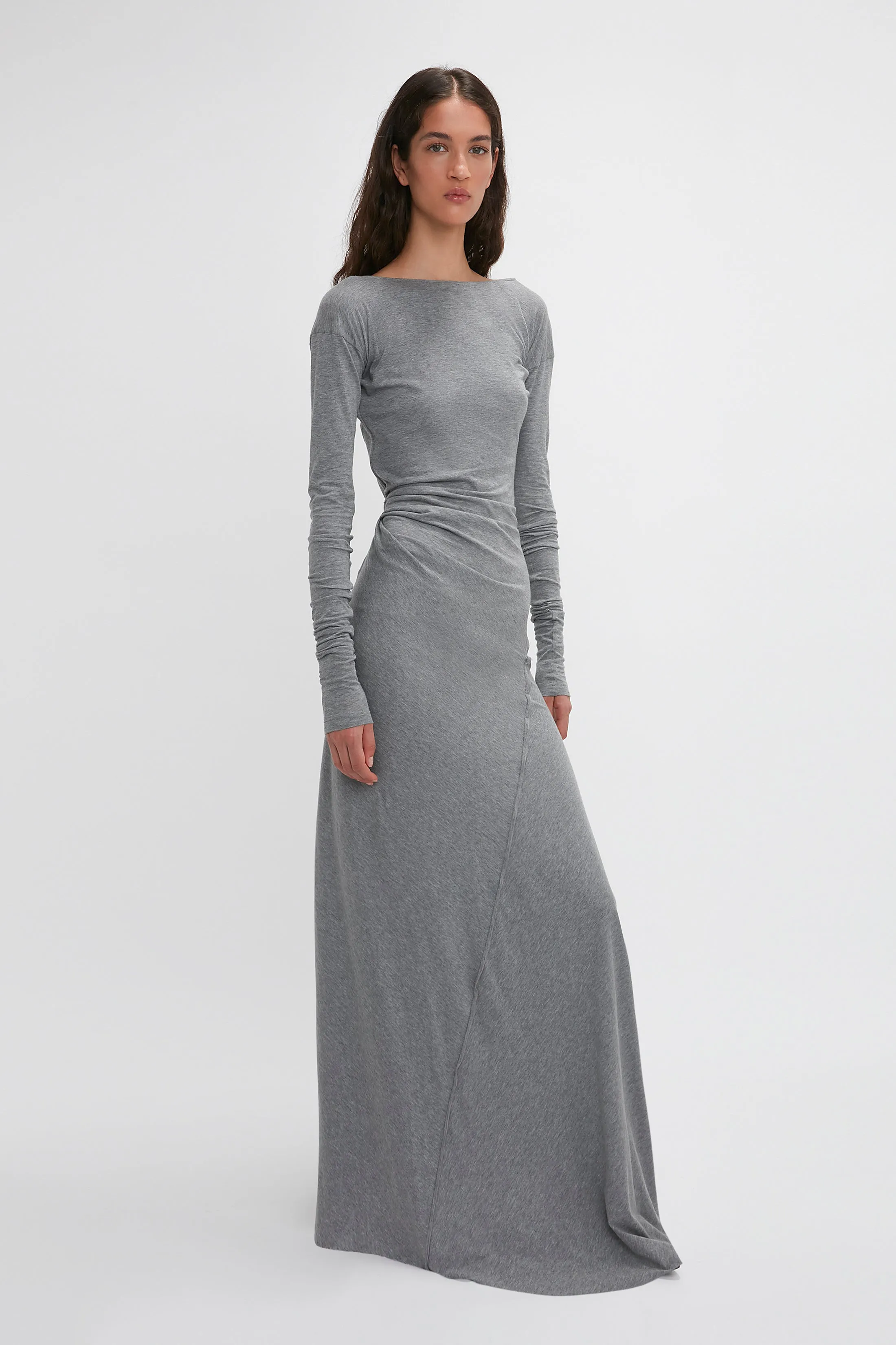 Long Sleeve Circle Neck Dress In Grey Marl