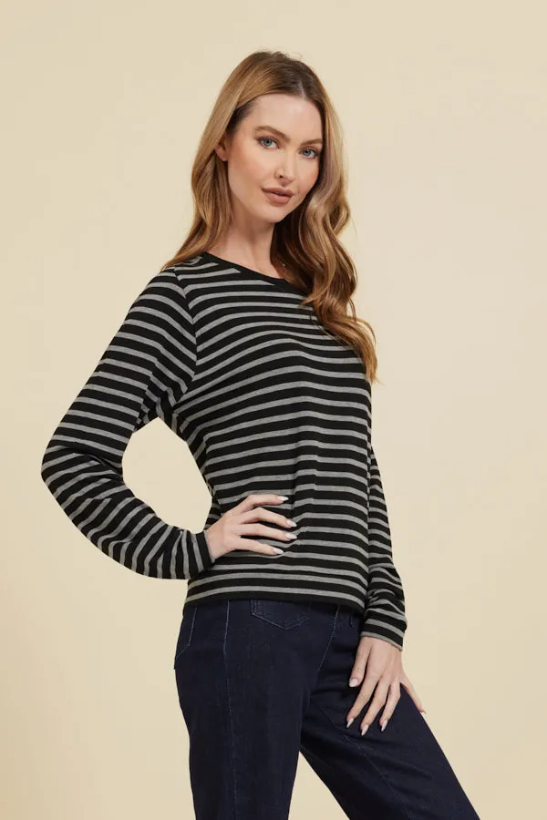 Majestic French Terry Stripe Semi-Relaxed Long Sleeve Pullover Crew in Noir/Grey