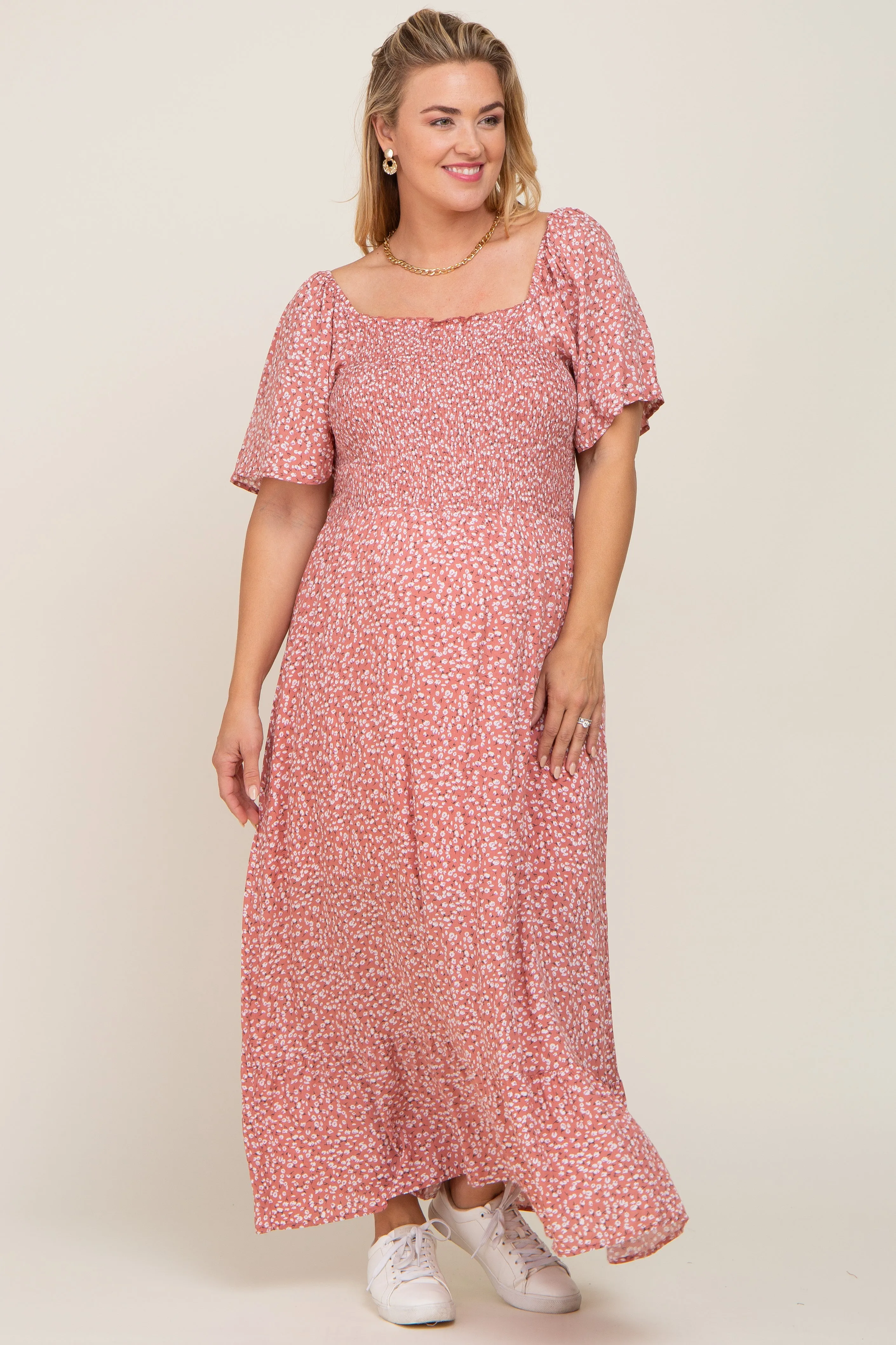 Mauve Floral Smocked Flounce Sleeve Maternity Plus Maxi Dress