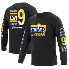 Men's Fanatics Branded Matthew Stafford Black Los Angeles Rams Super Bowl LVI Champions Player Name & Number Long Sleeve