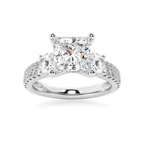 NEW Double Row Pave Three Stone Princess Cut Moissanite Engagement Ring