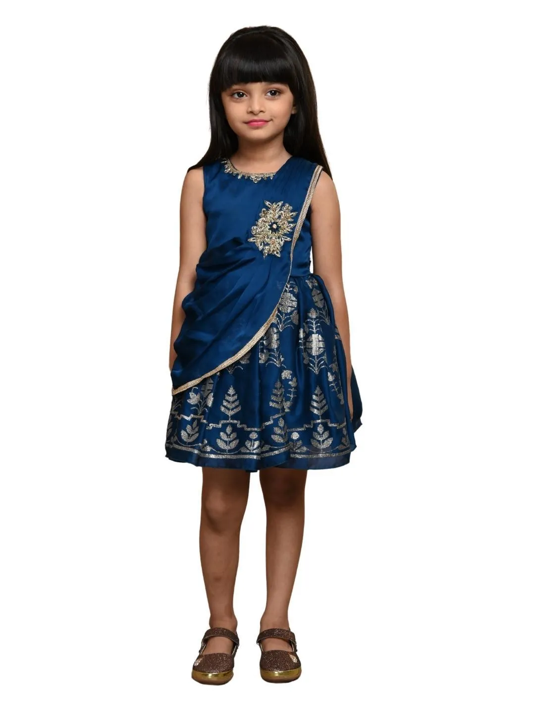 Peacock Blue Floral Georgette A-Line Party Wear Frock With Dupatta For Girls