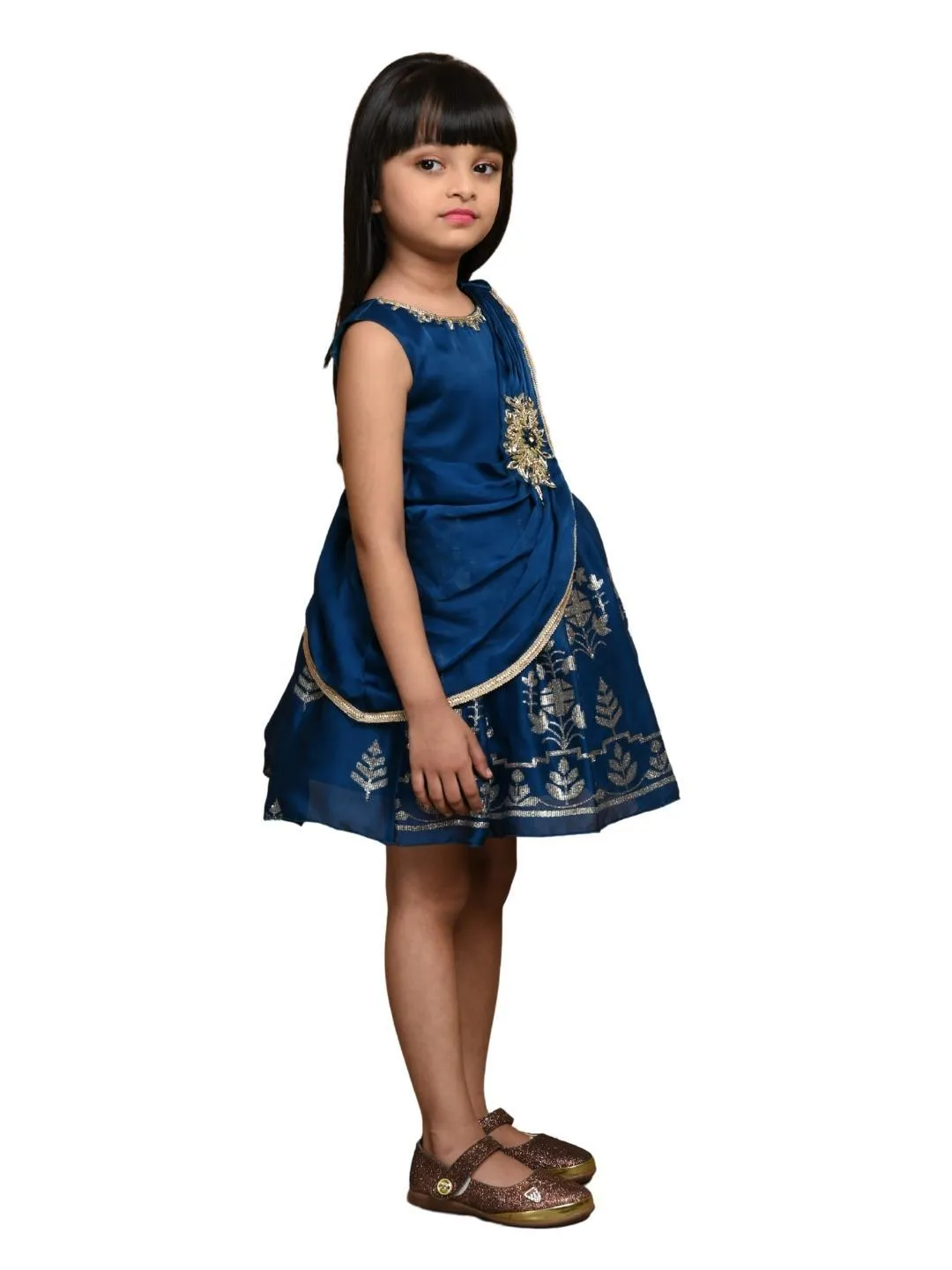 Peacock Blue Floral Georgette A-Line Party Wear Frock With Dupatta For Girls