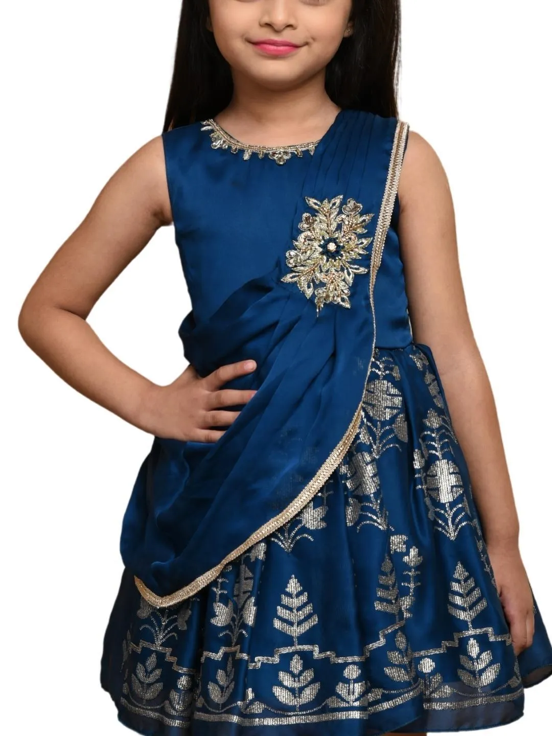 Peacock Blue Floral Georgette A-Line Party Wear Frock With Dupatta For Girls