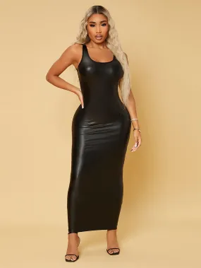 PU Leather Tank Sleeve Bodycon Maxi Dress