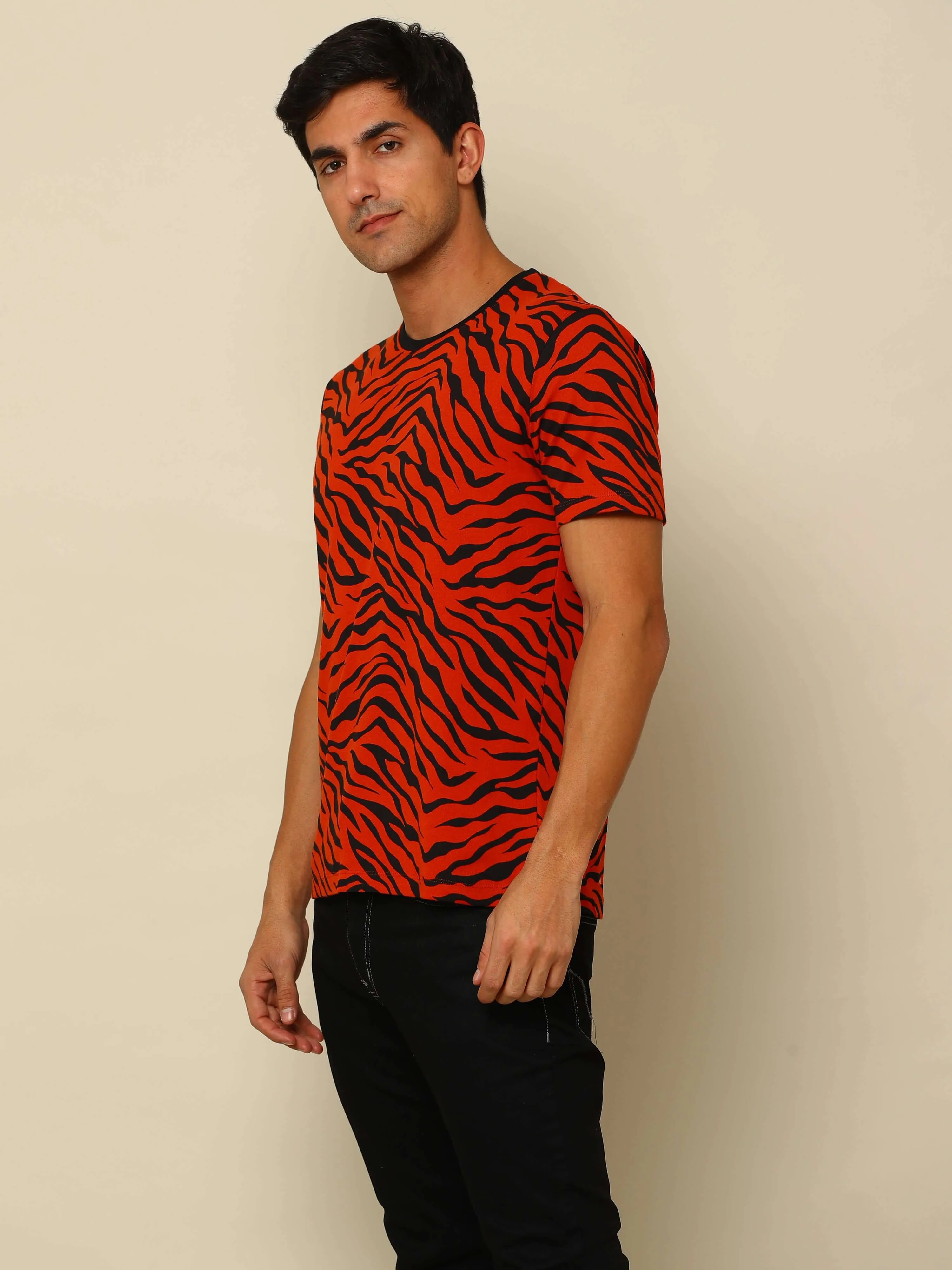 Red Tiger Crew Neck Printed T Shirt