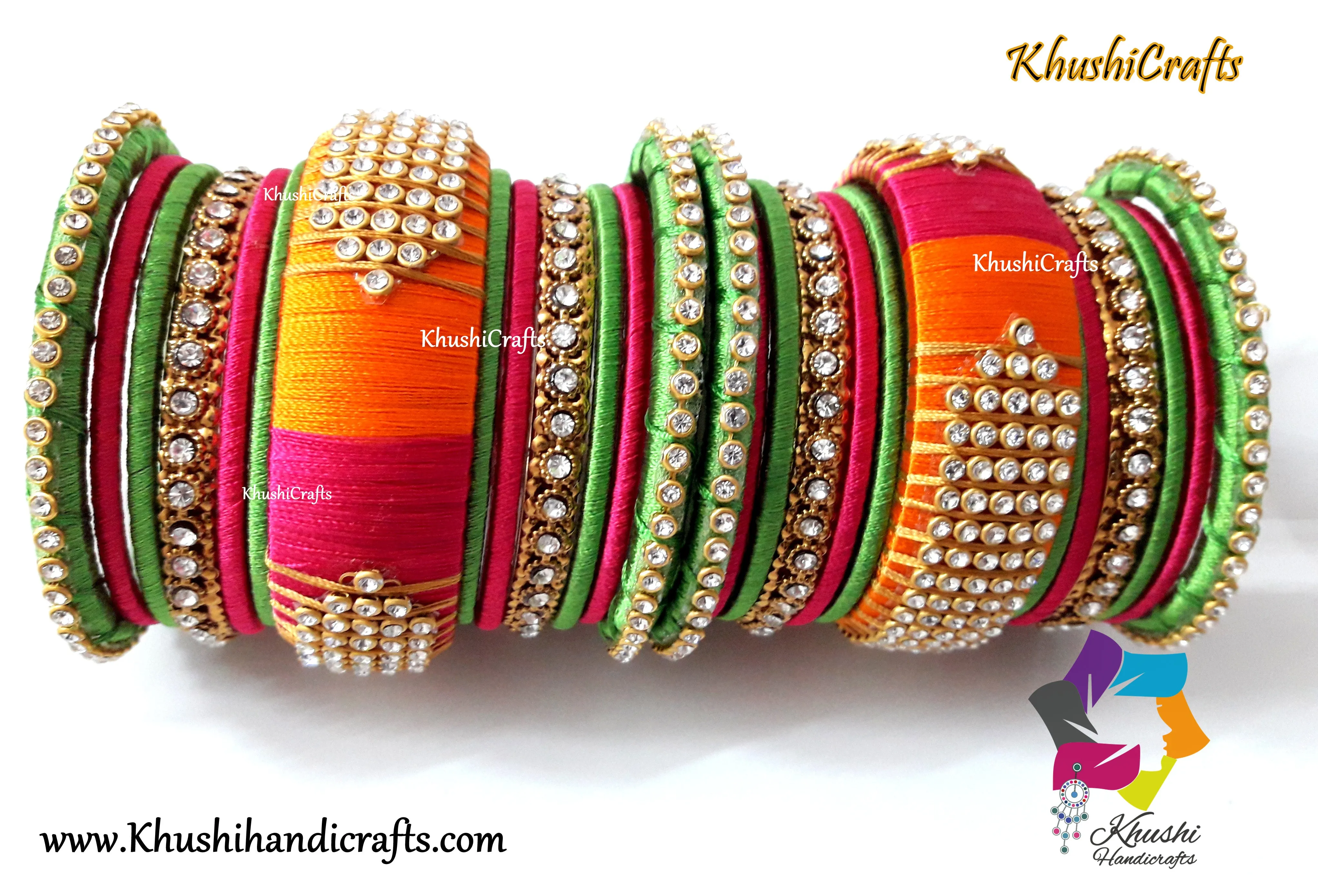 Silk Thread Bangles in Green,Pink and Orange