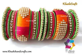 Silk Thread Bangles in Green,Pink and Orange