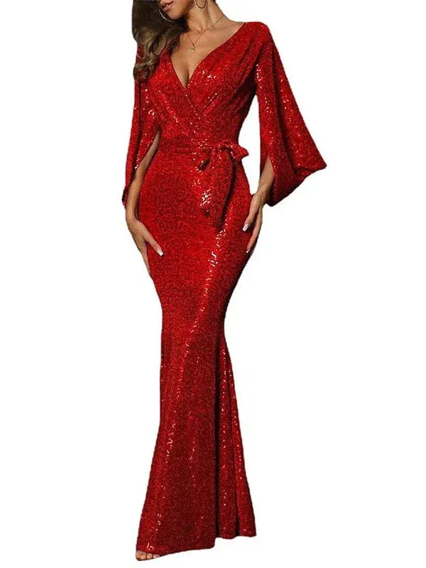 Sparkling Red Sequin Long Sleeve Maxi Dress