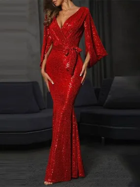 Sparkling Red Sequin Long Sleeve Maxi Dress