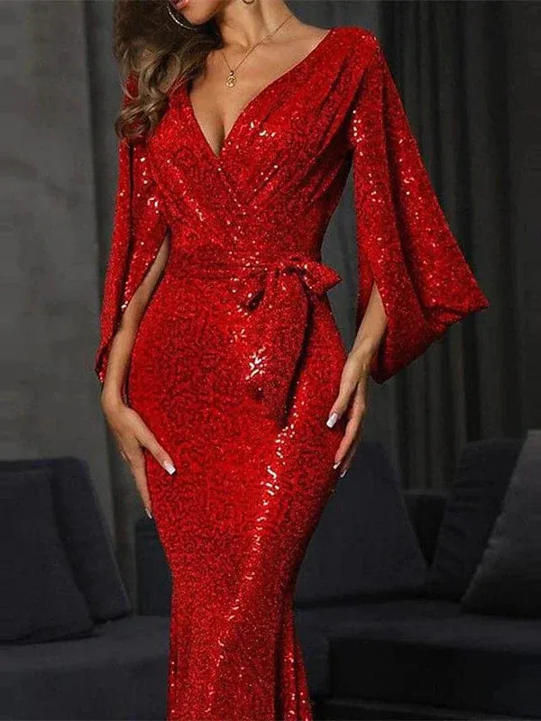 Sparkling Red Sequin Long Sleeve Maxi Dress