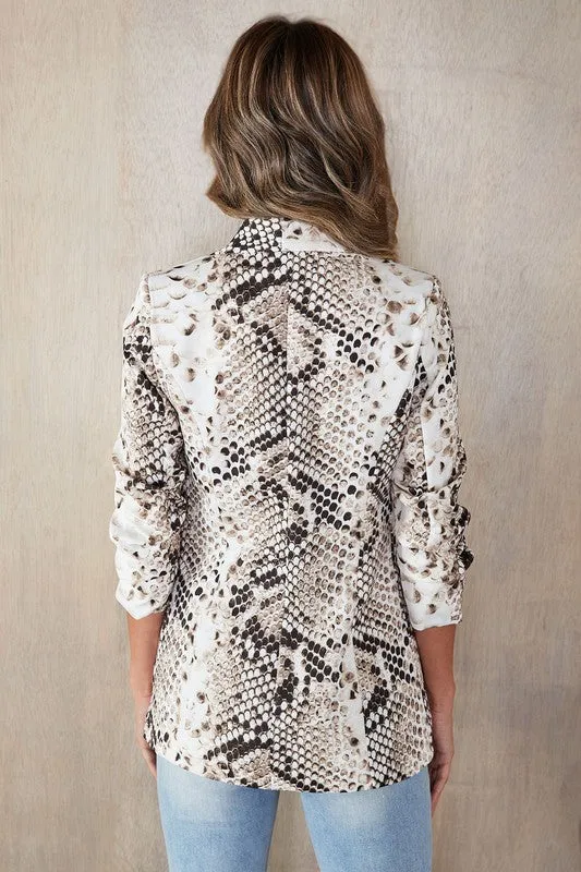 Venti6 Lizard Scales Print Ruched Sleeve Blazer