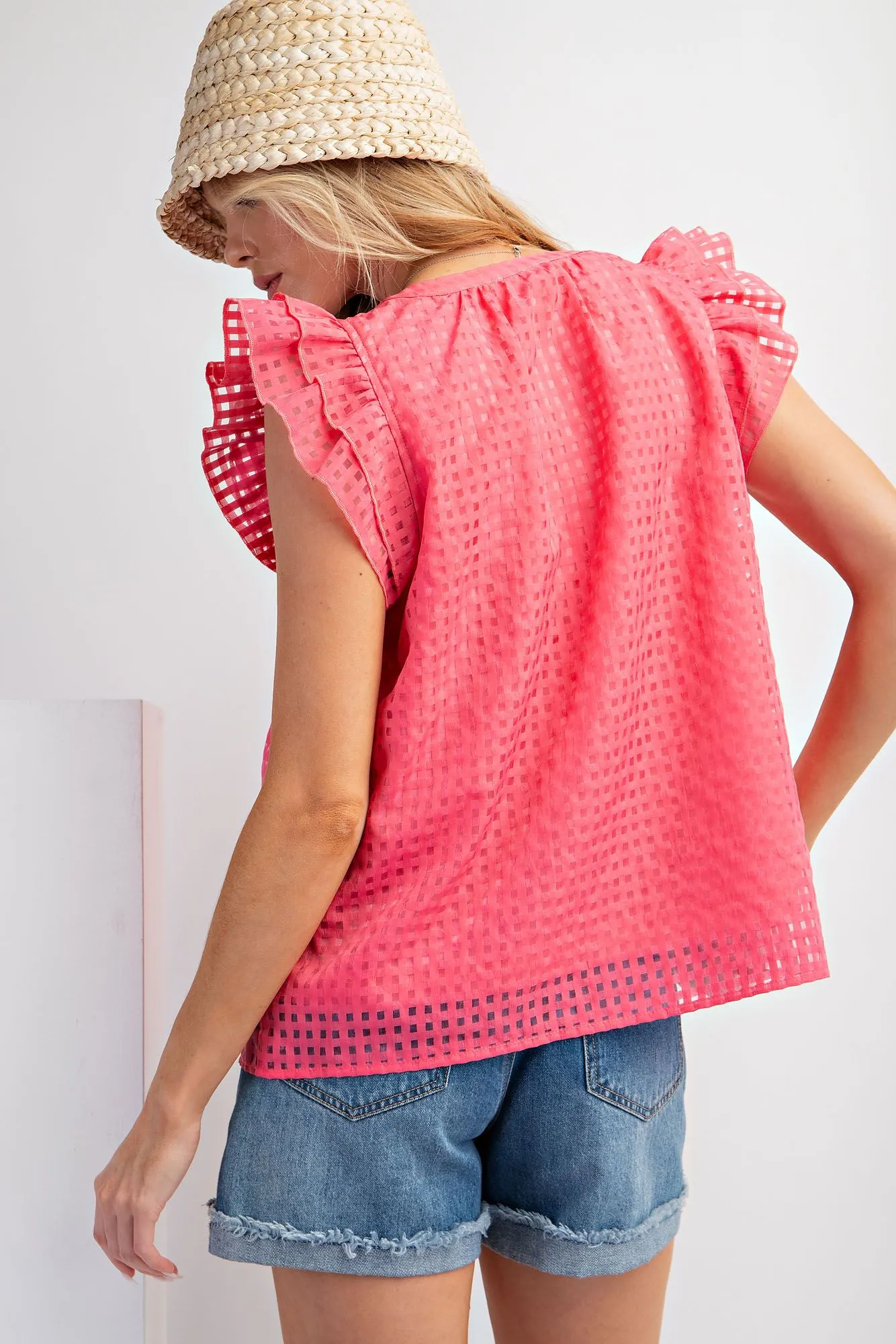 Wing Sleeve Square Pattern Poly Woven Top